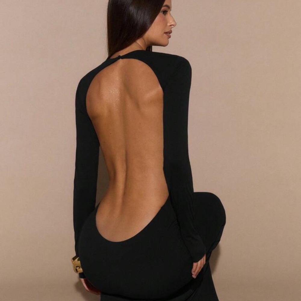 Rebellious Rose Black Open-Back Long Sleeve Maxi Dress